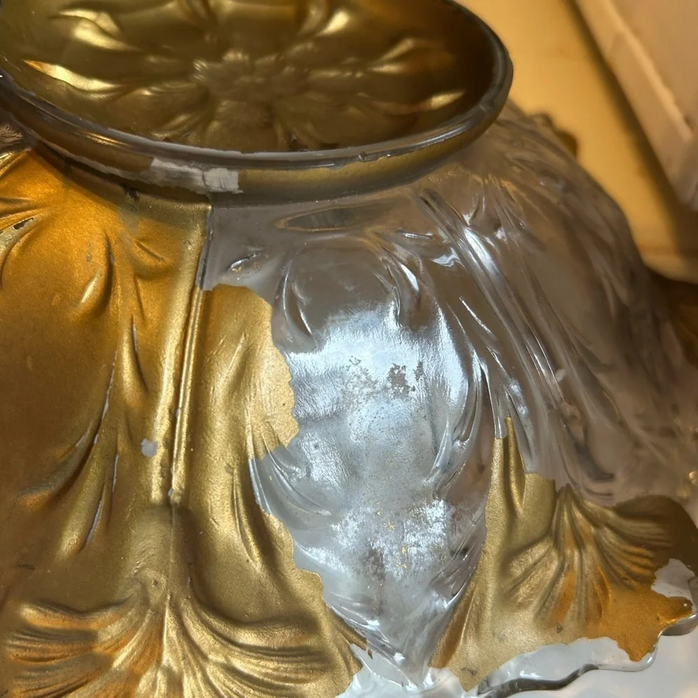 Antique Goofus Glass Bowl Red Carnation Gold Scalloped Intaglio Floral Dish MCM